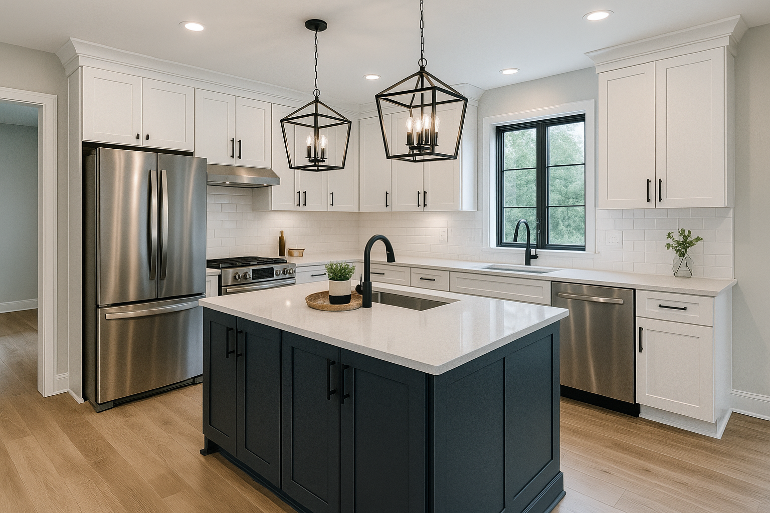 Kitchen with dark lower cabinets and light uppers